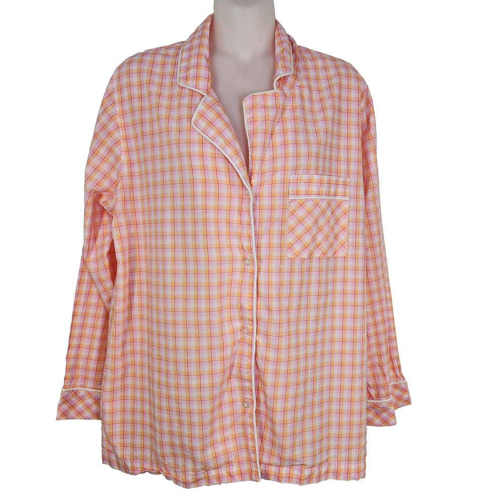 Victoria's Secret Pajama Top Small Mayfair Button Pink Orange Plaid Check PJ